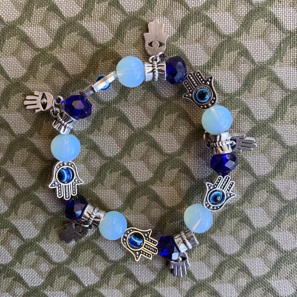 New silver evil eye Chamsa bracelet silver blue metal - Picture 2 of 2